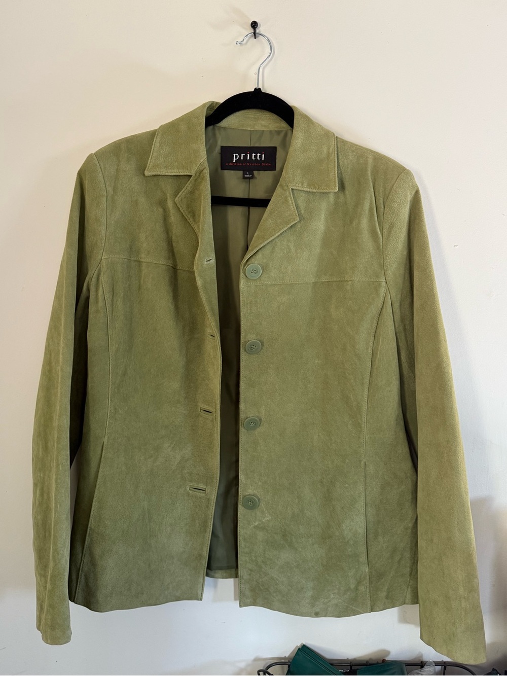 Genuine Leather Sage Green Suede Collared Button Up Jacket by the brand Pritti L